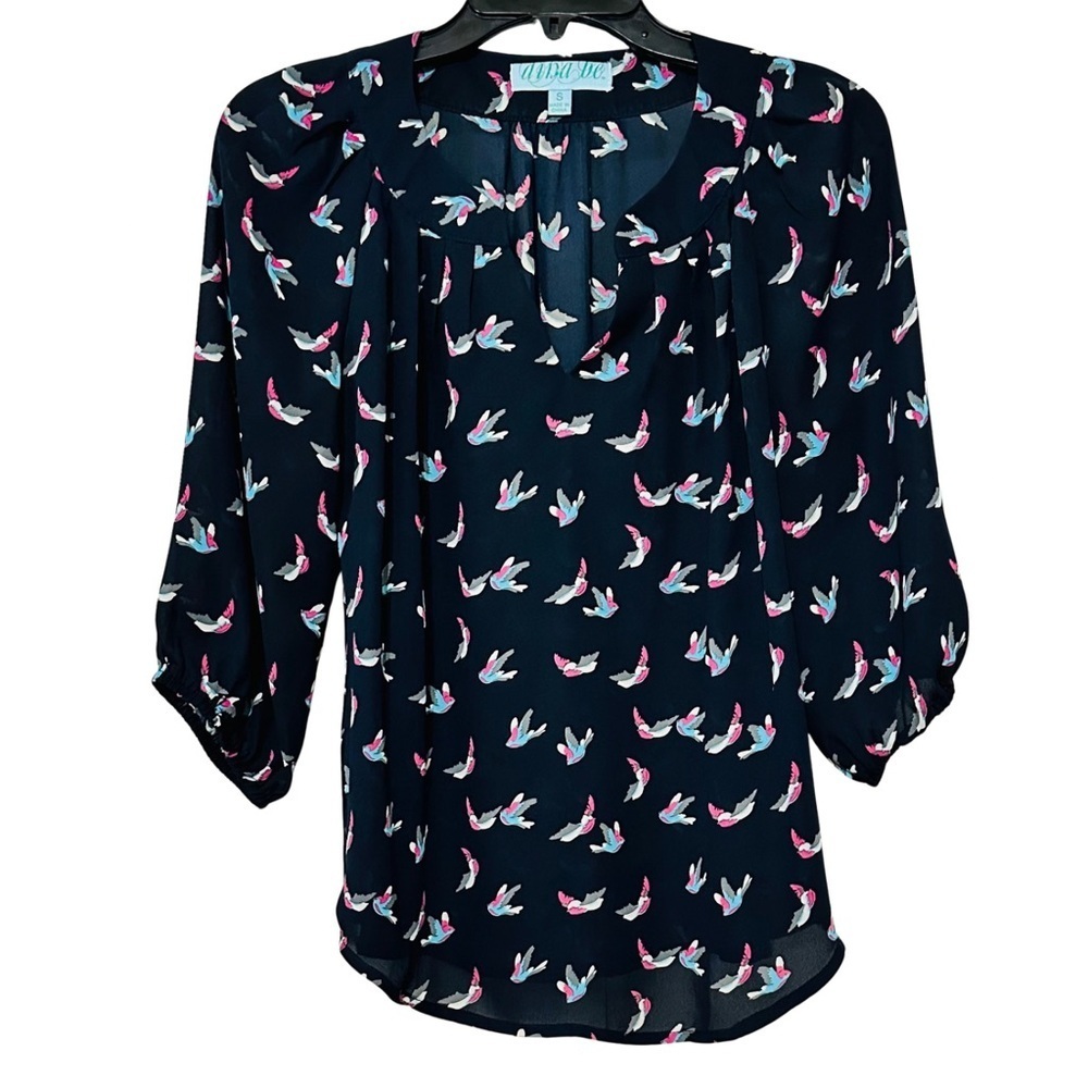 Aina Be Bird Print Sheer Blouse Navy Split Neck 3/4 Sleeve Top Size Small